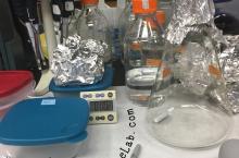 A research bench in a wet lab. There are flasks and bottles with foil tops, a marker, and a set of pipettes hanging in a carousel.