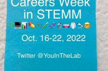 text is Career Week in STEMM. Oct. 14-22, 2022. on Twitter @YouInTheLab. Also present are emojis that represent science and research a plant, computer, microscope, labcoat, graph, test tube, petri dish, telescope, and smiling face wearing glasses